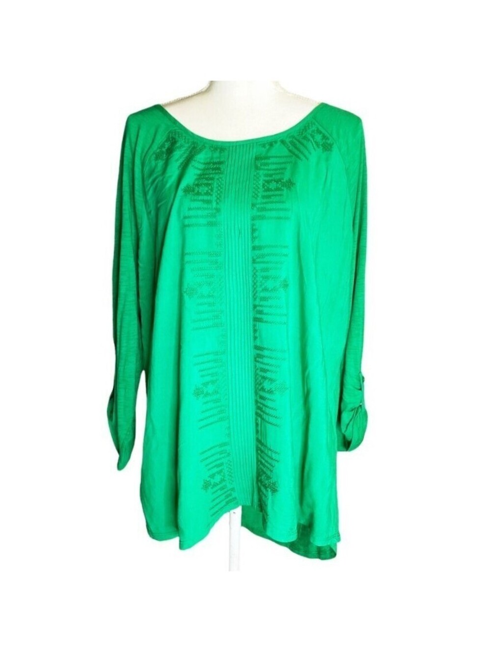 Chicos Embroidered Emmie Top Cilantro Green 3/4 Roll Tab Sleeve Tunic Size 3 XL